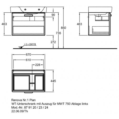 Keramag Renova Nr. 1 Plan szekrény aszimetrikus mosdóhoz magasfényű rubin (68x46,3x44,5 cm, 879124000)