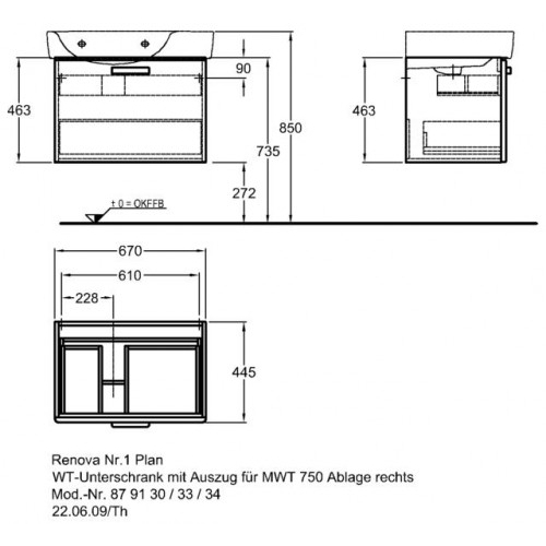 Keramag Renova Nr. 1 Plan szekrény aszimetrikus mosdóhoz magasfényű rubin (68x46,3x44,5 cm, 879134000)