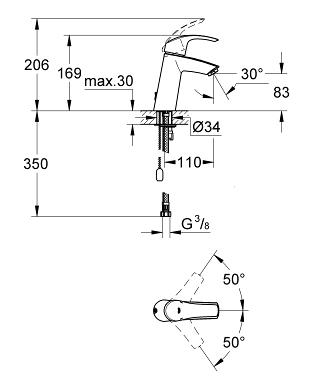 Grohe Eurosmart egykaros mosdócsaptelep behúzható lánc, M méret 23323001