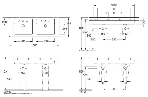 Villeroy & Boch Architectura 130x48,5 cm beépíthető duplamosdó 6131 13 01 (61311301)