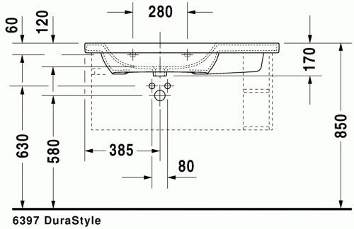 Duravit Durastyle 100x48 cm-es bútorral aláépíthető aszimmetrikus mosdó 2325100000