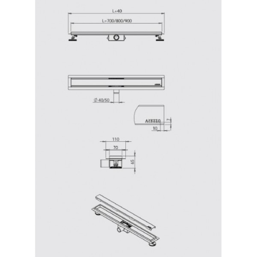 AREZZO design 800 mm-es rozsdamentes acél zuhanyfolyóka burkolható ráccsal AR-800B