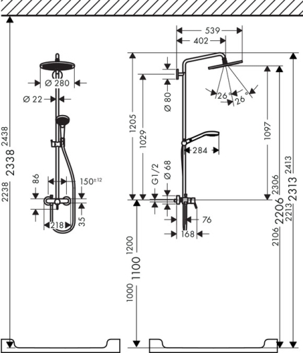 Hansgrohe Croma Select 280 Air 1jet Showerpipe egykaros csapteleppel 26791 000 (26791000)