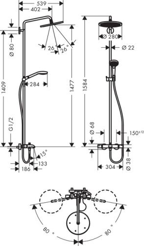 Hansgrohe Croma Select 280 Air 1jet Showerpipe kádhoz 26792 000 (26792000)