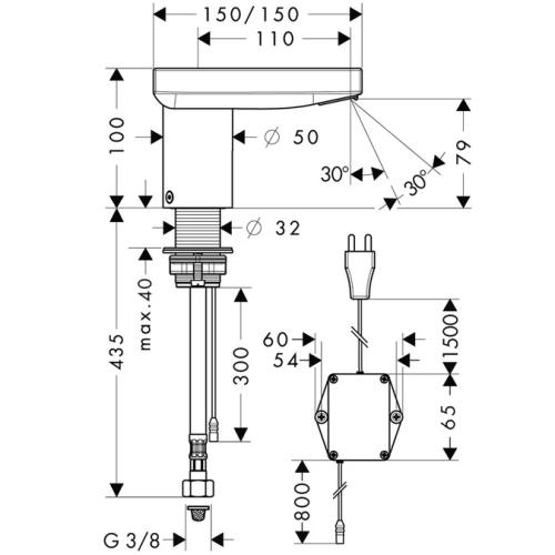 Hansgrohe AXOR Starck X Elektronikus mosdócsaptelep hőmérséklet szabályozás nélkül, 230 V-os hálózati csatlakozással 10185000