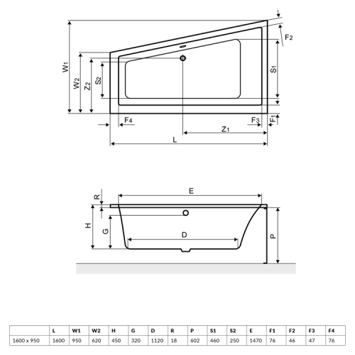 Excellent M-Sfera Slim 160x95 cm-es aszimmetrikus kád kádlábbal, balos