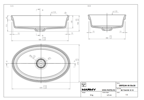 Marmy ORFEUM-IN 58x38 cm beépíthető öntött márvány mosdó 80 7346 06 10 10