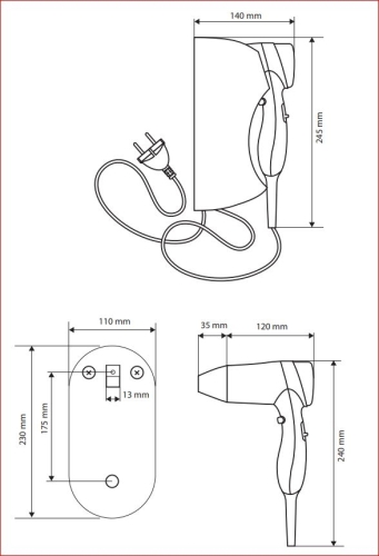 Sapho BEMETA HOTEL Hajszárító, tartóval, 110x270x140mm, 1400W (945533074)