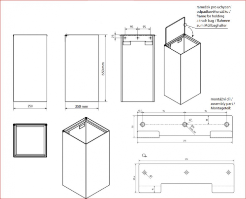 Sapho BEMETA HOTEL Fali vagy álló szemetes, 350x750x250mm, 75l, inox/polírozott 101915131