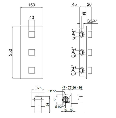 Bugnatese Tetris fal alatti 3 állású csaptelep csempeszeleppel, króm, 9107CR