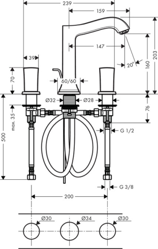 Hansgrohe Metropol Classic 160 3-lyukú mosdócsaptelep automata lefolyó-garnitúrával, króm 31305 000 (31305000)