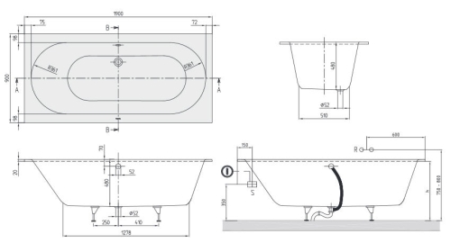 Villeroy & Boch Oberon 190x90 cm fürdőkád UBQ199OBE2V-01