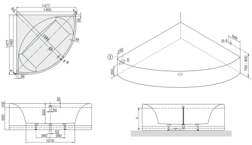 Villeroy & Boch Squaro 145x145 cm sarokkád, fényes fekete előlappal UBQ145SQR3PBV-01