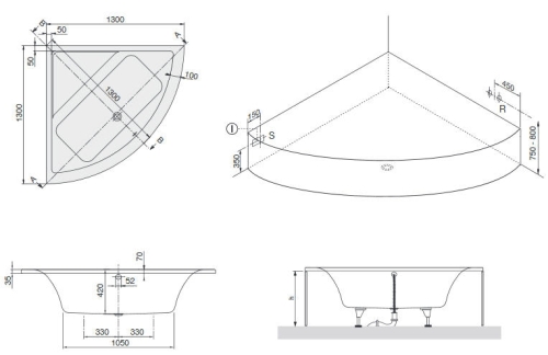 Villeroy & Boch Subway 130x130 cm sarokkád UBA130SUB3V-01
