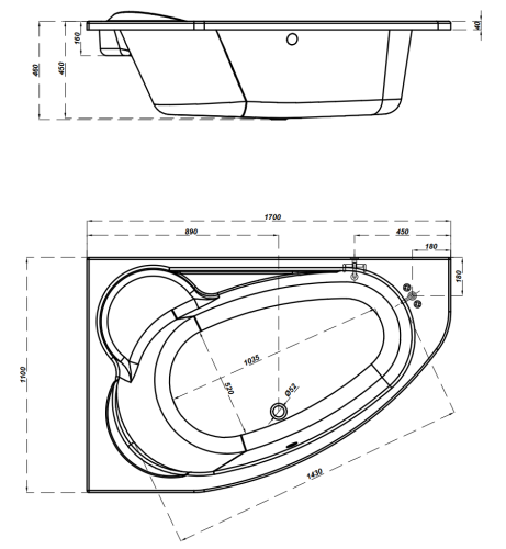 Cersanit KALIOPE 170x110 cm balos aszimmetrikus kád, fehér S301-114