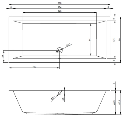 RIHO LUGO 200x90 cm egyenes fürdőkád 1 cm-es peremmel (BT06) B137001005