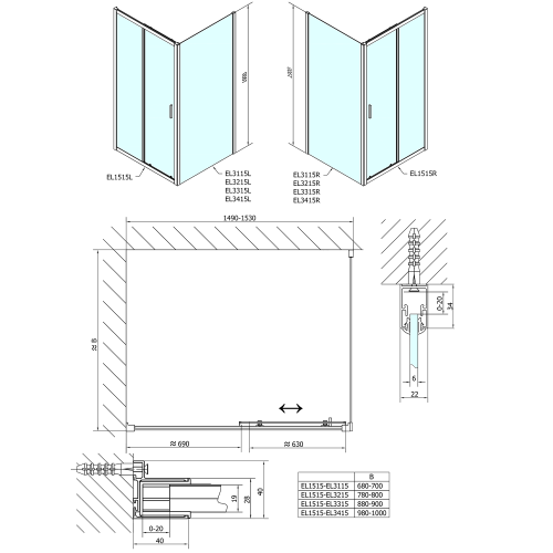 Sapho POLYSAN EASY LINE 150 cm tolóajtó transzparent üveggel, króm EL1515