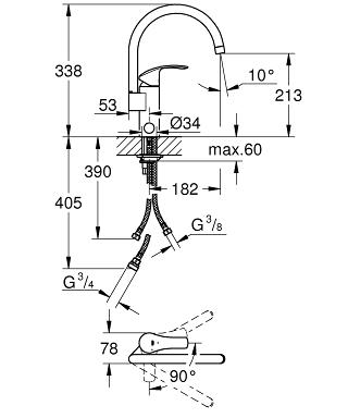 Grohe Eurosmart egykaros mosogatócsaptelep, coldstart, elzáró szeleppel 33490 002 (33490002)