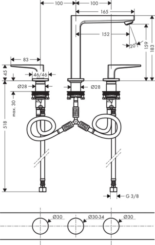 Hansgrohe 3-lyukú karos mosdócsaptelep 100 push-open lefolyóval, króm 32515 000 (32515000)