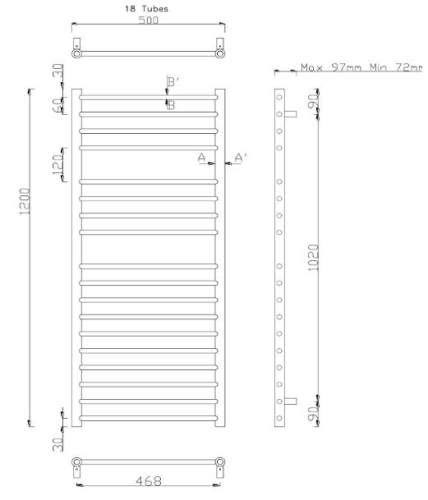Sapho LINA fürdőszoba radiátor, polírozott inox 500x1200 mm (NR112)