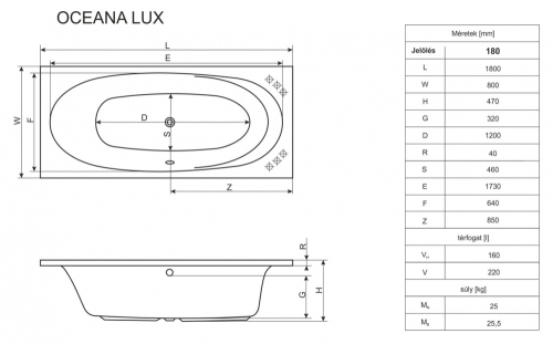 Niagara Wellness OCEANA LUX 180x80 egyenes kád (OCEANALUX180)