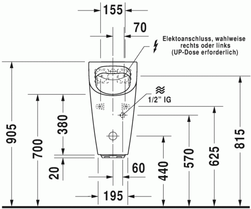 Duravit ME by Starck öblítőperem nélküli elektronikus (hálózat) Rimless piszoár, 0,5 l légymatricával 2809310097