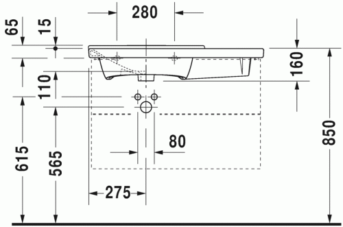 Duravit P3 Comforts 85x49,5 cm bútorral aláépíthető aszimmetrikus mosdó 2333850000