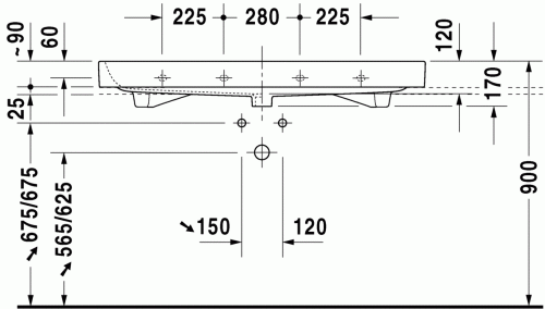Duravit Happy D.2 120x50,5 cm bútorral aláépíthető mosdó csiszolt csaplyuk nélkül 2318120028