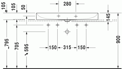 Duravit DuraSquare 100x47 cm mosdó két csaplyukkal, csiszolt 2353100072