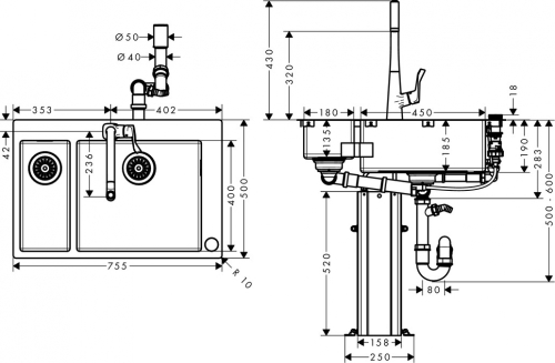 Hansgrohe C71-F655-04 Select mosogató-csaptelep kombináció 180x450; 43210800