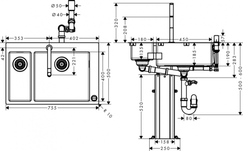 Hansgrohe C71-F655-09 mosogató-csaptelep kombináció 180x450; 43206800