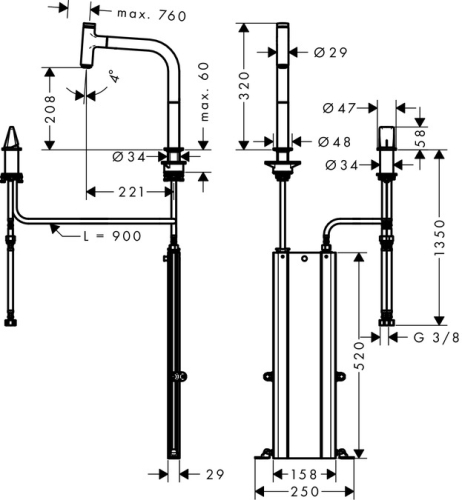 Hansgrohe M7119-H200 2-lyukú egykaros konyhai csaptelep kihúzható kifolyóval, rozsdamentes acél hatású 73804800