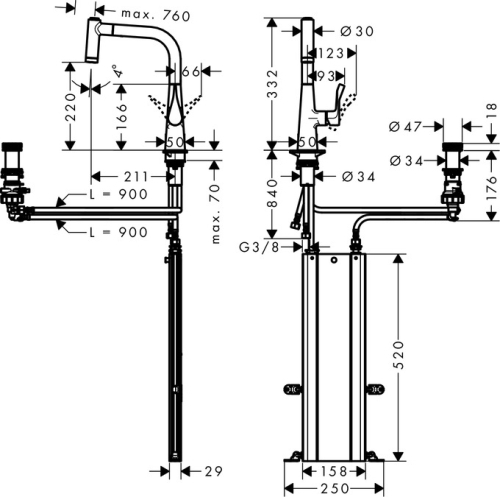 Hansgrohe M7120-H220 2-lyukú egykaros konyhai csaptelep 220 kihúzható zuhanyfejjel, króm 73805000