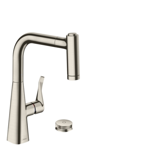 Hansgrohe M7120-H220 2-lyukú egykaros konyhai csaptelep 220 kihúzható zuhanyfejjel, rozsdamentes acél hatású 73805800