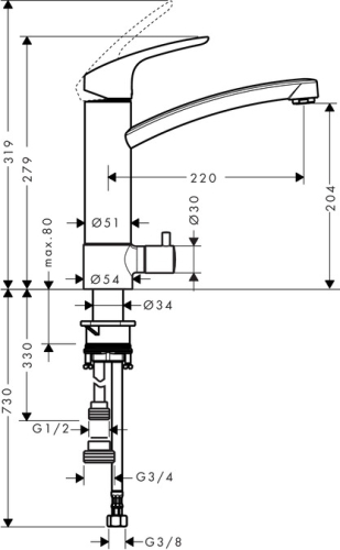 Hansgrohe M414-H160 egykaros konyhai csaptelep 220 elzárószeleppel, króm 73887000