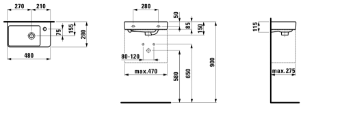 Laufen Pro S 48x28 cm kézmosó csaplyuk nélkül H8159540001091 (8.1595.4.000.109.1)