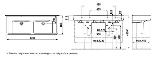 Laufen Pro A 130x48 cm dupla mosdó csaplyuk nélkül H8149670001091 (8.1496.7.000.109.1)