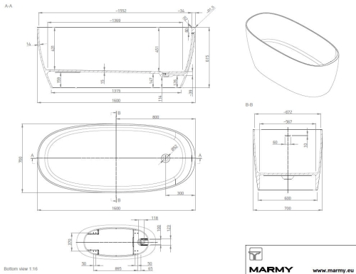 Marmy Pearl 160x70 cm-es szabadonálló öntött márvány kád 6 301 10 16 11 18