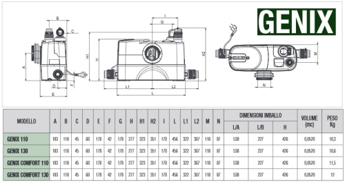 DAB GENIX 130 szennyvíz átemelő szivattyú, 230V, 1WC+3 csatlakozás (DAB_60161880)