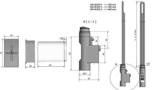 Sapho elektromos termosztátos fűtőpatron radiátorhoz, távirányítóval, 900W, D forma, fehér (HVD-900)