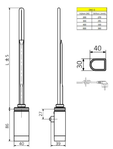 Sapho ONE D termosztátos fűtőpatron balos, 400W, króm (ONE-DL-C-400)