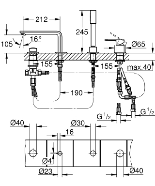 Grohe Lineare 4-lyukú perembe építhető kádtöltő csaptelep, króm 19577 001 (19577001)