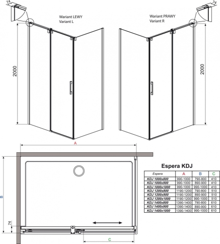 Radaway Espera KDJ 120 J zuhany tolóajtó tükrös üveggel (380595-01R, 380232-71R)