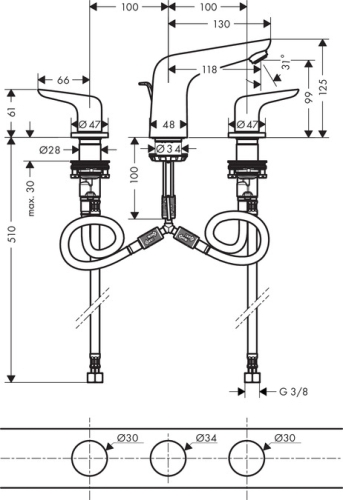 Hansgrohe Novus 3-lyukú mosdócsaptelep 100 automata lefolyóval 71140000