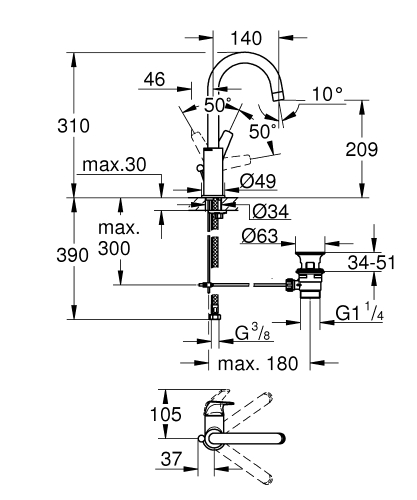 Grohe BauFlow egykaros mosdó csaptelep L-méret 23753000