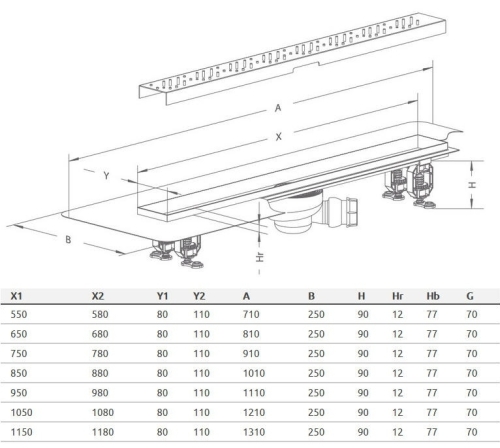 Radaway rozsdamenetes zuhanyfolyóka 105 cm, Quadro ráccsal 5L105A+5R105Q