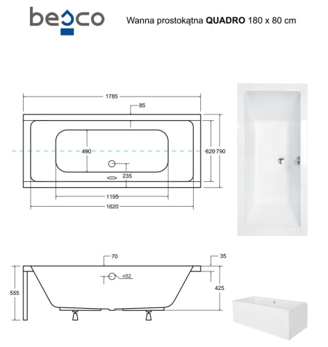 Besco QUADRO 180x80 cm egyenes kád, fehér WAQ-180-PK