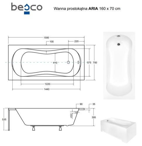 Besco ARIA 160x70 cm egyenes kád, fehér WAA-160-PA