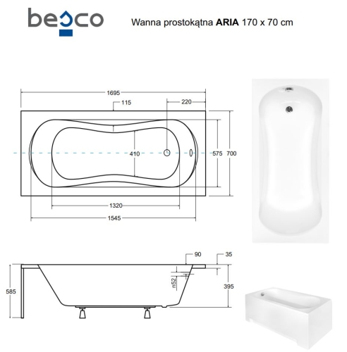 Besco ARIA 170x70 cm egyenes kád, fehér WAA-170-PA