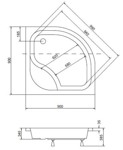 Besco Diper I 90x90 cm-es magasított negyedköríves zuhanytálca